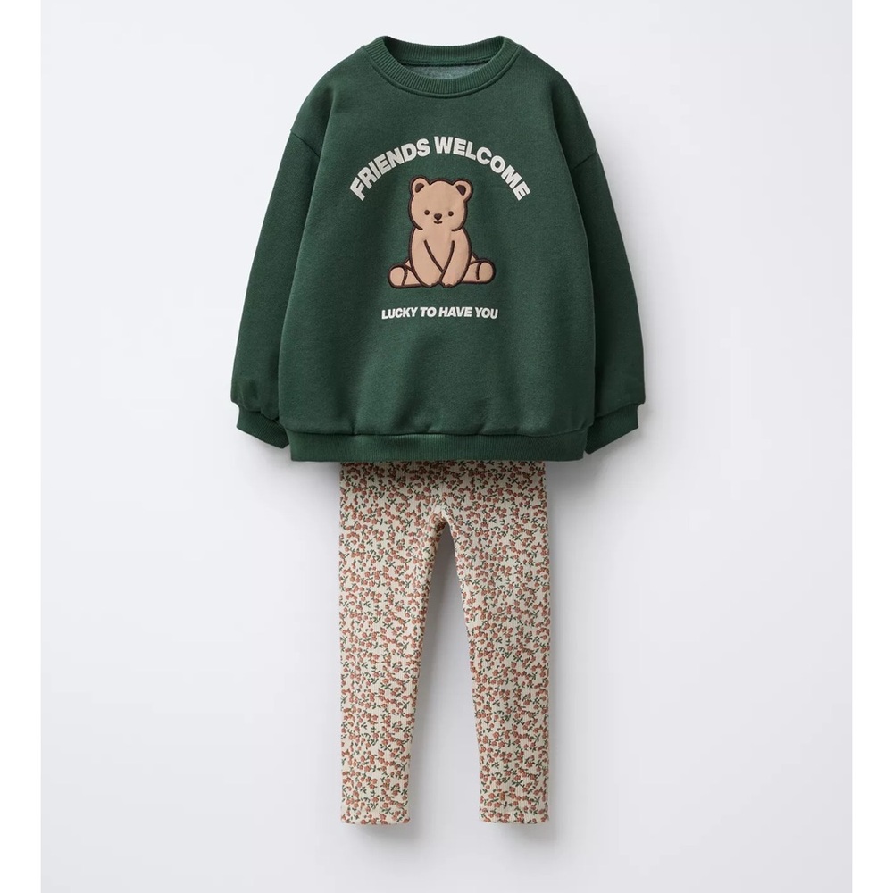 Zara BEAR SWEATSHIRT AND RIBBED FLORAL LEGGING SET
